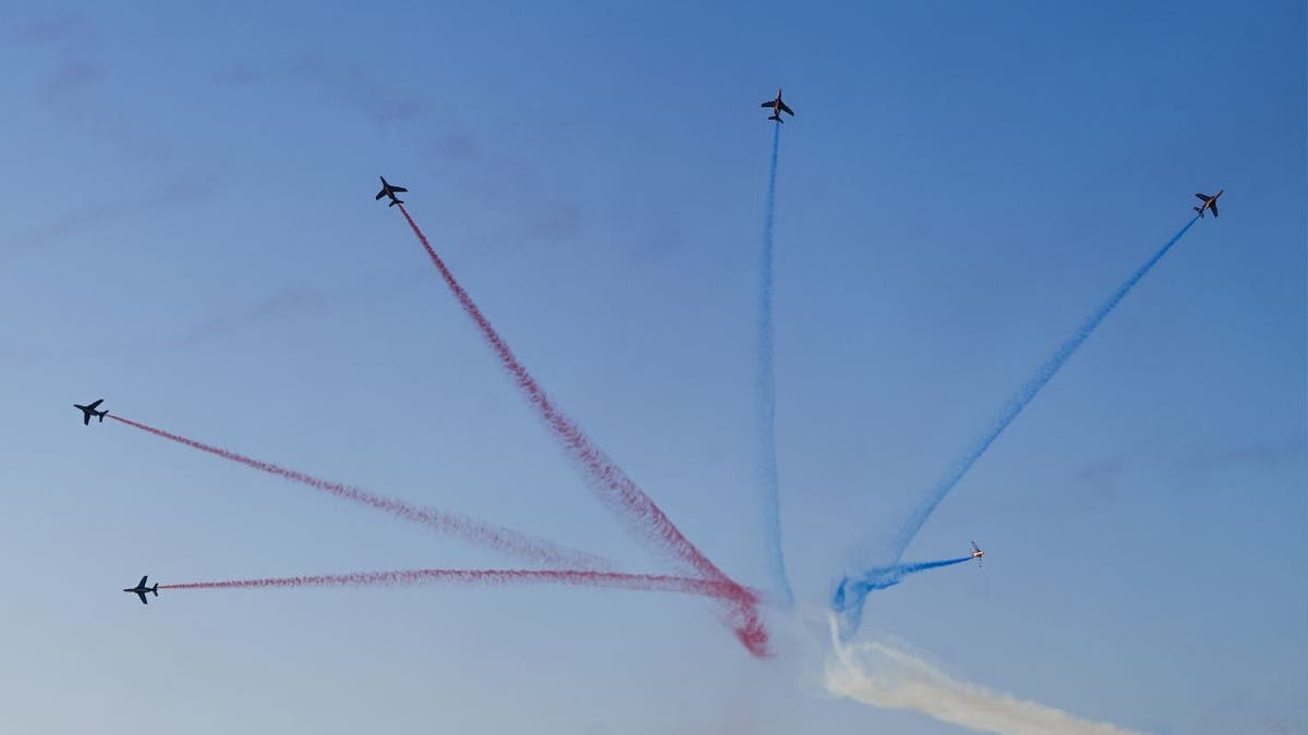 The Alpha Jets of the Patrouille de France during a rehearsal