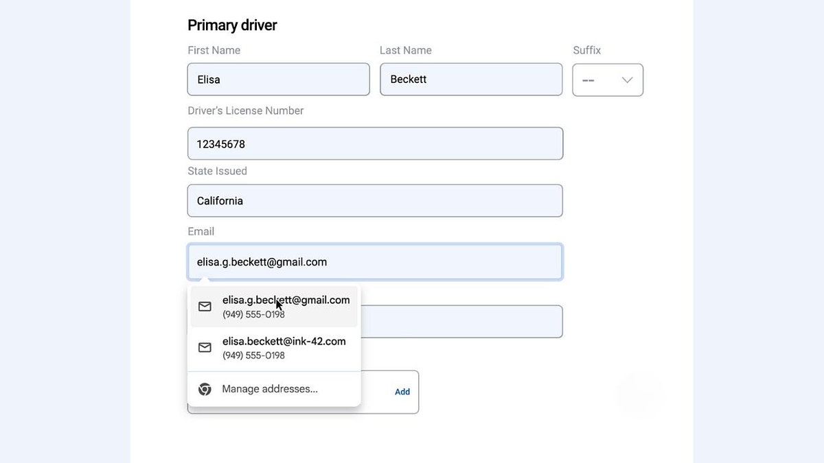 Car insurance information being autofilled in Google Chrome